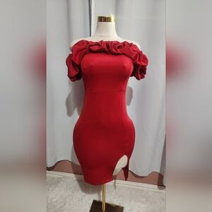 Party Dress | Red Ruffled Off the Shoulder Midi Dress Womens club night out part